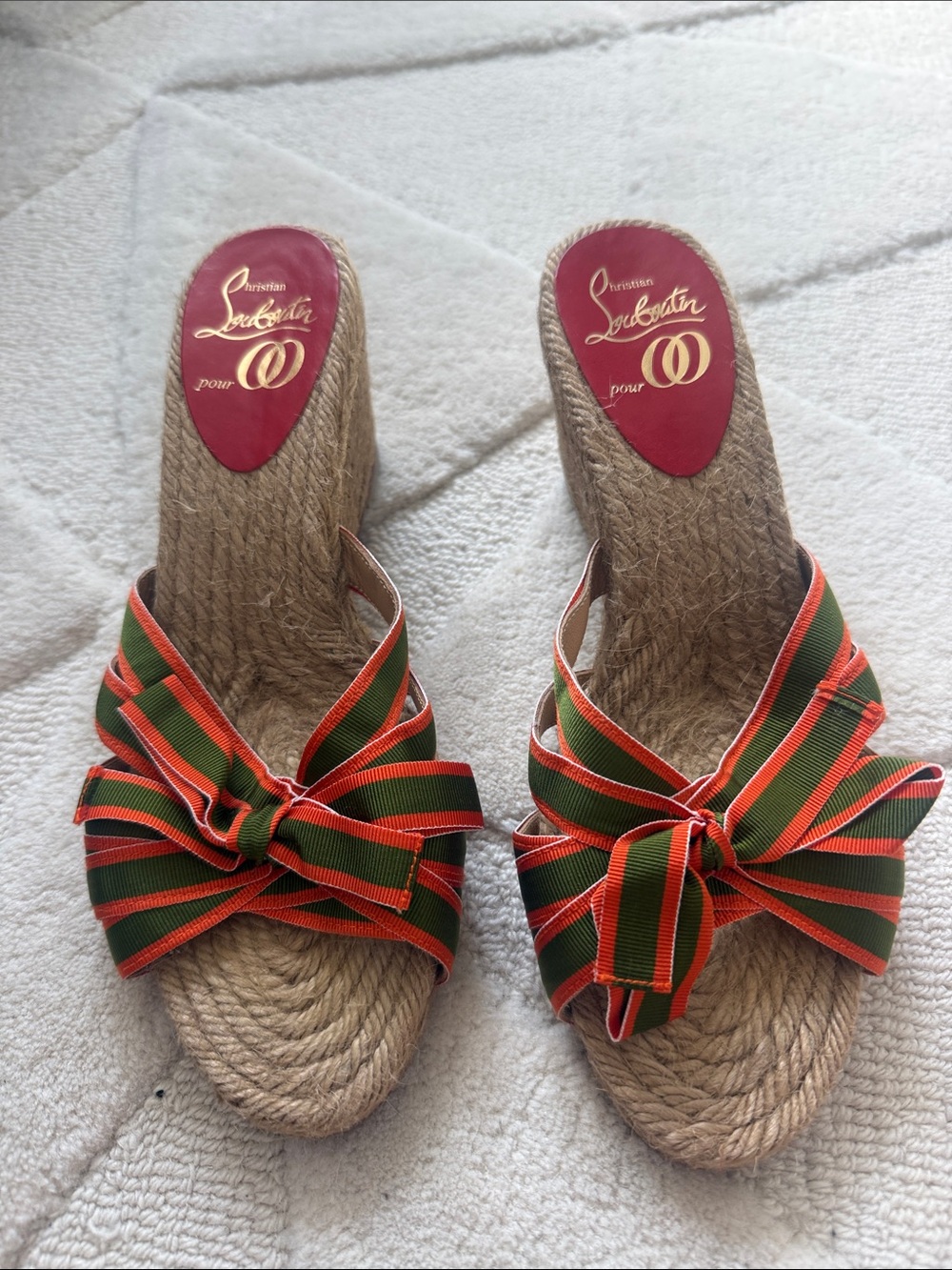 Christian Louboutin Green & Orange Striped Bow Espadrille Wedge Slides